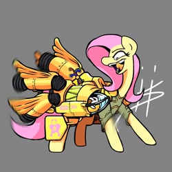 Size: 1280x1280 | Tagged: safe, artist:hotkoin, artist:pencilbrony, imported from derpibooru, fluttershy, pony, armor, engine, female, implied angel bunny, jetpack, rocket, solo, tongue out