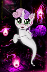 Size: 3360x5120 | Tagged: safe, artist:darksly, imported from derpibooru, sweetie belle, ghost, pony, candy, cute, diasweetes, female, filly, food, halloween, holiday, horn, lollipop, open mouth, solo