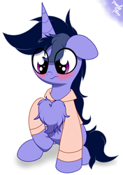 Size: 2821x4000 | Tagged: dead source, safe, artist:kimjoman, artist:php142, imported from derpibooru, oc, oc only, oc:purple flix, pony, unicorn, blushing, chest fluff, clothes, dress, fluffy, impossibly large chest fluff, looking down, male, raised hoof, simple background, solo, white background