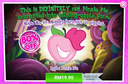 Size: 1043x689 | Tagged: safe, imported from derpibooru, pinkie pie, night of the living apples, spoiler:comic, spoiler:comic32, advertisement, apple, apple pinkie, costs real money, food, gameloft, grin, official, smiling, species swap