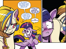 Size: 678x504 | Tagged: safe, artist:andypriceart, edit, idw, imported from derpibooru, golden feather, princess celestia, twilight sparkle, alicorn, pegasus, pony, comic, dialogue, disguise, text edit, twilight sparkle (alicorn)