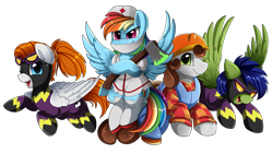 Size: 2915x1640 | Tagged: safe, artist:pridark, imported from derpibooru, rainbow dash, oc, oc:dreamer, oc:glyde, oc:sky chase, earth pony, pegasus, pony, axe, bob the builder, brother and sister, clothes, commission, construction pony, costume, female, goggles, halloween, holiday, male, nightmare night, nurse, one eye closed, open mouth, rainmer, shadowbolts costume, simple background, transparent background, weapon, wink