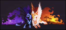 Size: 2600x1200 | Tagged: safe, artist:tay-niko-yanuciq, artist:tenebristayga, imported from derpibooru, daybreaker, nightmare moon, alicorn, pony, armor, bat wings, crescent moon, crossed hooves, dead tree, duo, female, mane of fire, mare, moon, simple background, stars, sun, tree, wings