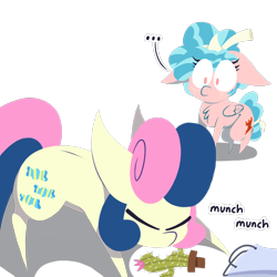 Size: 1000x1000 | Tagged: safe, artist:dragonpone, derpibooru exclusive, imported from derpibooru, bon bon, cozy glow, sweetie drops, earth pony, pegasus, pony, marks for effort, ..., bag, cactus, chest fluff, cutie mark, duo, eating, eyes closed, female, filly, floppy ears, foal, freckles, herbivore, hooves, lineless, mare, munching, shrunken pupils, simple background, surprised, transparent background, wide eyes, wings