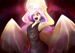 Size: 3507x2480 | Tagged: safe, artist:mantarwolf, imported from derpibooru, fluttershy, anthro, bat pony, equestria girls, scare master, armpits, bat ponified, blood moon, clothes, female, flutterbat, large wings, moon, night, nightmare night, open mouth, race swap, solo, stars, wings