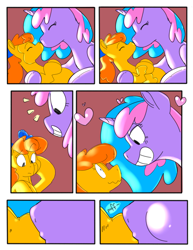 Size: 1024x1325 | Tagged: safe, artist:goat train, imported from derpibooru, oc, oc only, oc:berry bloom, oc:sunkiss, comic, female, kiss inflation, kissing, lesbian, macro, oc x oc, puffkiss, rubber, shipping, transformation