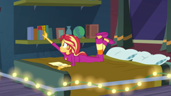 Size: 1920x1080 | Tagged: safe, imported from derpibooru, screencap, sunset shimmer, equestria girls, equestria girls series, forgotten friendship, ass, ass up, bed, book, bunset shimmer, butt, clothes, fairy lights, female, journal, pajamas, reaching, slippers, solo, string lights, sunset's apartment, the pose