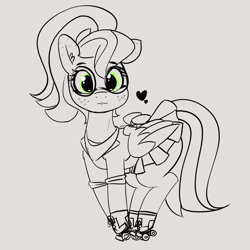 Size: 2799x2799 | Tagged: safe, artist:pabbley, derpibooru exclusive, imported from derpibooru, oc, oc only, oc:fenderella bass, pegasus, pony, apron, clothes, cute, ears, female, freckles, glasses, green eyes, mare, monochrome, pleated skirt, ponytail, roller skates, rollerblades, sketch, skirt, skirt lift, solo, uniform