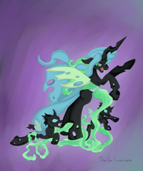 Size: 1809x2160 | Tagged: safe, artist:the-fox-experiment, imported from derpibooru, queen chrysalis, changeling, changeling queen, angry, bipedal, fan series, fangs, female, guardians of harmony, magic, simple background, standing, toy