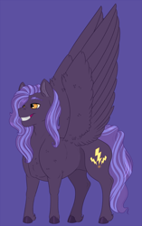 Size: 900x1431 | Tagged: safe, artist:ganashiashaka, imported from derpibooru, oc, oc only, oc:lightning spark, pegasus, pony, female, mare, offspring, parent:clear skies, parent:thunderlane, purple background, simple background, solo