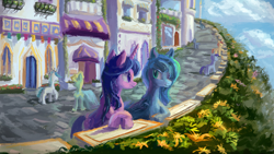 Size: 1920x1080 | Tagged: safe, artist:plainoasis, imported from derpibooru, princess luna, twilight sparkle, alicorn, earth pony, pony, unicorn, canterlot, clothes, disguise, dress, duo focus, female, flower, looking at each other, looking at someone, mare, outdoors, street