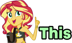 Size: 1775x1048 | Tagged: safe, edit, edited screencap, imported from derpibooru, screencap, sunset shimmer, equestria girls, equestria girls series, forgotten friendship, belly button, clothes, female, geode of empathy, magical geodes, open mouth, open smile, reaction image, simple background, smiling, solo, swimsuit, this, transparent background