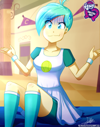 Size: 920x1160 | Tagged: safe, artist:the-butch-x, imported from derpibooru, part of a set, tennis match, equestria girls, background human, ball, blushing, boots, butch's hello, canterlot high, clothes, compression shorts, dress, equestria girls logo, faic, female, hello x, looking at you, shirt, shoes, shorts, shrug, signature, sitting, skirt, solo, sweat, sweatdrop, tennis ball, wristband