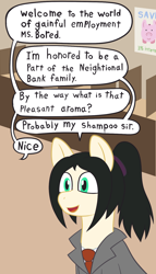 Size: 912x1600 | Tagged: safe, artist:scraggleman, imported from derpibooru, oc, oc only, oc:floor bored, earth pony, pony, alternate hairstyle, bank, clothes, dialogue, female, mare, necktie, offscreen character, ponytail, solo, speech bubble, suit