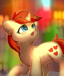 Size: 2100x2500 | Tagged: safe, artist:alphadesu, imported from derpibooru, oc, oc only, pony, unicorn, blurred background, blurry background, chest fluff, city, commission, digital art, ear fluff, female, heart eyes, high res, looking up, mare, open mouth, solo, wingding eyes, ych result