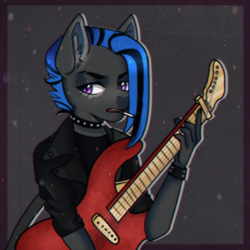 Size: 1400x1400 | Tagged: safe, artist:sonysosony, imported from derpibooru, oc, oc only, oc:andromeda, anthro, pegasus, anthro oc, choker, cigarette, clothes, commission, ear fluff, female, guitar, looking at you, mare, musical instrument, playing guitar, playing instrument, punk, punk rock, purple eyes, shirt, solo, striped mane, traditional art, ych result