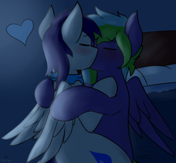 Size: 2146x1995 | Tagged: safe, artist:candel, imported from derpibooru, oc, oc only, oc:waterpony, oc:weldbead, pegasus, pony, bed, blushing, commission, eyes closed, gay, heart, hug, kissing, male, moonlight, oc x oc, pillow, shipping, sitting on lap, wings