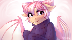 Size: 2300x1300 | Tagged: safe, artist:fenwaru, imported from derpibooru, oc, oc only, oc:sunset sorbet, bat pony, pony, bat pony oc, blushing, clothes, fangs, female, mare, smiling, solo, sweater, ych result