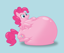 Size: 1200x1000 | Tagged: safe, artist:peketope, imported from derpibooru, pinkie pie, pony, belly, belly inflation, big belly, blue background, female, inflation, simple background, solo