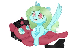 Size: 1412x947 | Tagged: safe, imported from derpibooru, oc, oc only, oc:neon, oc:zozzle, pegasus, pony, unicorn, adorable face, blank flank, couple, cute, foal, lying down, on side, on top, side