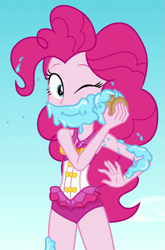 Size: 627x948 | Tagged: safe, imported from derpibooru, screencap, pinkie pie, equestria girls, equestria girls series, forgotten friendship, clothes, cropped, cupcake, food, swimsuit