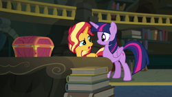 Size: 1920x1080 | Tagged: safe, imported from derpibooru, screencap, sunset shimmer, twilight sparkle, alicorn, equestria girls, equestria girls series, forgotten friendship, book, twilight sparkle (alicorn)