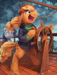 Size: 1770x2328 | Tagged: safe, artist:audrarius, imported from derpibooru, applejack, rarity, earth pony, pony, unicorn, ppov, absolute madman, bipedal, captain jackbeard, clothes, cloud, coat, duo, duo female, faic, female, freckles, gritted teeth, hat, helm, mare, nervous, no way yes way, open mouth, pirate, quarterdeck, rain, sailship, scene interpretation, ship, shrunken pupils, storm, sweater, water, wave, windblown, windswept mane