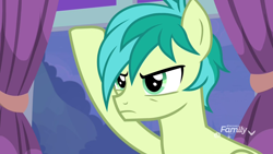 Size: 1920x1080 | Tagged: safe, imported from derpibooru, screencap, sandbar, earth pony, pony, school raze, male, sandbar is not amused, teenager, unamused, window