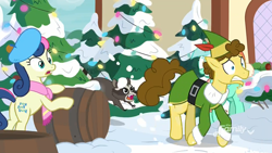 Size: 1280x720 | Tagged: safe, imported from derpibooru, screencap, bon bon, budding pine, buddy the elf, lyra heartstrings, sweetie drops, earth pony, elf, pony, raccoon, unicorn, best gift ever, barrel, does somebody need a hug, elf costume, feathered hat, female, hat, male, mare, snow, stallion, tree