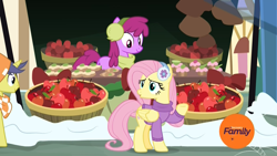 Size: 1920x1080 | Tagged: safe, imported from derpibooru, screencap, berry punch, berryshine, comet tail, fluttershy, earth pony, pegasus, pony, unicorn, best gift ever, :o, apple, baked goods, basket, bushel basket, clothes, cupcake, discovery family logo, earmuffs, female, food, male, mare, open mouth, scarf, smiling, snow, stallion, sweater, vendor, vendor stall