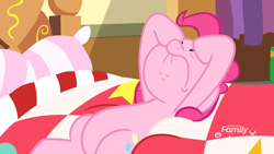 Size: 1920x1080 | Tagged: safe, imported from derpibooru, screencap, pinkie pie, earth pony, pony, best gift ever, bed, female, laying on bed, lying on bed, mare, pinkie's room, solo