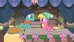 Size: 1920x1080 | Tagged: safe, imported from derpibooru, screencap, autumn leaf, cherry berry, earth pony, pony, best gift ever, background pony, bow, cake, curtains, decoration, duo, female, food, jar, male, mare, pie, ponies standing next to each other, stallion, vendor, vendor stall