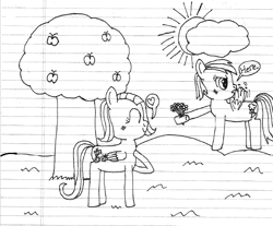 Size: 623x515 | Tagged: safe, artist:nightshadowmlp, imported from derpibooru, fluttershy, rainbow dash, apple, apple tree, blushing, cloud, female, flower, flutterdash, food, grass, grayscale, lesbian, lined paper, monochrome, shipping, smiling, sun, traditional art, tree