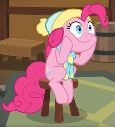 Size: 601x663 | Tagged: safe, imported from derpibooru, screencap, pinkie pie, earth pony, pony, best gift ever, cheek squish, cropped, cute, diapinkes, female, hat, hooves on cheeks, mare, ponk, sitting, solo, squishy cheeks, stool