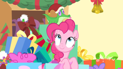 Size: 1920x1080 | Tagged: safe, imported from derpibooru, screencap, gummy, pinkie pie, alligator, earth pony, pony, best gift ever, christmas, cute, diapinkes, duo, female, hat, holiday, looking up, male, mare, present, santa hat, tongue out