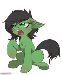 Size: 1428x1731 | Tagged: safe, artist:orang111, imported from derpibooru, oc, oc only, oc:filly anon, pony, angry, cheek fluff, chest fluff, ear fluff, ears back, female, filly, floppy ears, simple background, sitting, solo, transparent background, watermark