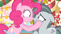 Size: 1920x1080 | Tagged: safe, imported from derpibooru, screencap, marble pie, pinkie pie, earth pony, pony, best gift ever, boop, cheek squish, discovery family, discovery family logo, duo, female, mare, nose wrinkle, noseboop, scrunchy face, sisters, squishy cheeks, twins