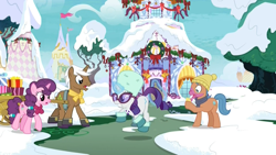 Size: 1920x1080 | Tagged: safe, imported from derpibooru, screencap, gelato cone, mochaccino, rare find, rarity, sugar belle, earth pony, pony, unicorn, best gift ever, bell, boots, bow, carousel boutique, cart, christmas decoration, clothes, decoration, female, gritted teeth, hat, ice cream cone, magic, magic aura, male, mare, messy eating, open mouth, ponyville, present, running, scarf, shoes, snow, stallion, sunglasses, surprised, tree, wreath