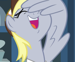 Size: 1119x925 | Tagged: safe, imported from derpibooru, screencap, derpy hooves, pegasus, pony, best gift ever, cropped, cute, derpabetes, eyes closed, facewing, female, joy, laughing, mailmare, mare, open mouth, reaction image, solo, wing hands