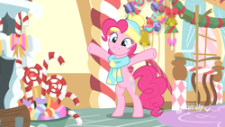 Size: 1920x1080 | Tagged: safe, imported from derpibooru, screencap, pinkie pie, earth pony, pony, best gift ever, bipedal, clothes, cute, diapinkes, discovery family logo, female, hat, mare, scarf, solo, spread hooves, y pose