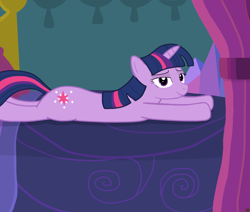 Size: 6500x5500 | Tagged: safe, artist:devfield, imported from derpibooru, twilight sparkle, pony, absurd resolution, bed, bedroom, bedroom eyes, curtains, female, looking at you, pillow, prone, shadow, solo, this will end in snu snu, twilight's castle