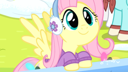 Size: 1920x1080 | Tagged: safe, imported from derpibooru, screencap, fluttershy, pegasus, pony, best gift ever, clothes, cute, earmuffs, female, mare, shyabetes, smiling, snow, solo focus, spread wings, sweater, wings