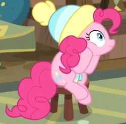 Size: 467x460 | Tagged: safe, imported from derpibooru, screencap, pinkie pie, earth pony, pony, best gift ever, clothes, cropped, cute, diapinkes, female, hat, mare, scarf, sitting, solo, stool