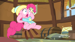 Size: 1920x1080 | Tagged: safe, imported from derpibooru, screencap, pinkie pie, earth pony, pony, best gift ever, clothes, female, hat, mare, scarf, shocked, sitting, solo, stool