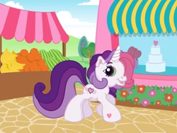 Size: 600x450 | Tagged: artist needed, safe, artist:conphettey, imported from derpibooru, sweetie belle (g3), pony, unicorn, banana, cake, day, female, food, g3, g3.5, g3.5?, looking at you, mare, orange, shop, solo, unused design, watermelon