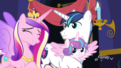 Size: 912x513 | Tagged: safe, imported from derpibooru, screencap, princess cadance, princess flurry heart, shining armor, alicorn, pony, unicorn, best gift ever, baby, baby pony, cute, family, female, filly, foal, male, mare, spread wings, stallion, trio, wings