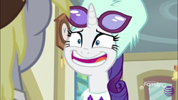 Size: 960x540 | Tagged: safe, imported from derpibooru, screencap, derpy hooves, rarity, pony, unicorn, best gift ever, awkward smile, cute, faic, female, glasses, hat, majestic as fuck, mare, raribetes, smiling