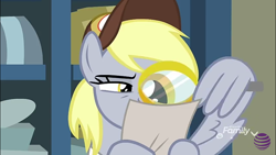 Size: 960x540 | Tagged: safe, imported from derpibooru, screencap, derpy hooves, pony, best gift ever, female, hat, magnifying glass, mailmare hat, mare, solo, wing hands