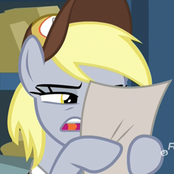 Size: 1079x1078 | Tagged: safe, imported from derpibooru, screencap, derpy hooves, pegasus, pony, best gift ever, cropped, female, hat, hoof hold, mailmare, mailmare hat, mare, narrowed eyes, open mouth, reaction image, reading, squint, what the fuck am i reading