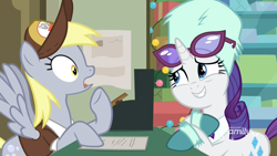 Size: 1920x1080 | Tagged: safe, imported from derpibooru, screencap, derpy hooves, rarity, pegasus, pony, unicorn, best gift ever, bipedal, bipedal leaning, boots, cash register, christmas, christmas lights, clothes, duo, female, gasp, hat, holiday, leaning, mailmare hat, mare, open mouth, paper, post office, shirt, shoes, smiling, spread wings, sunglasses, surprised, uncomfortable, uniform, wings